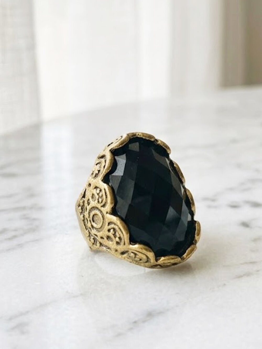 Ladies Stylish Black Aztec Ring - Size 6.5